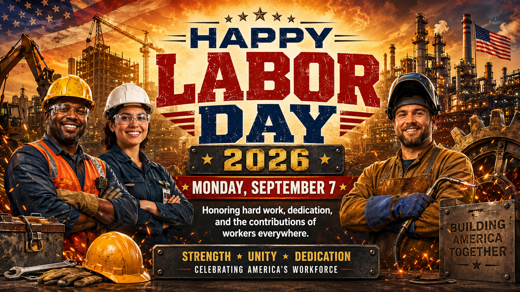 Happy Labor Day 2026 September 7 image honoring American workers for the United States federal holiday