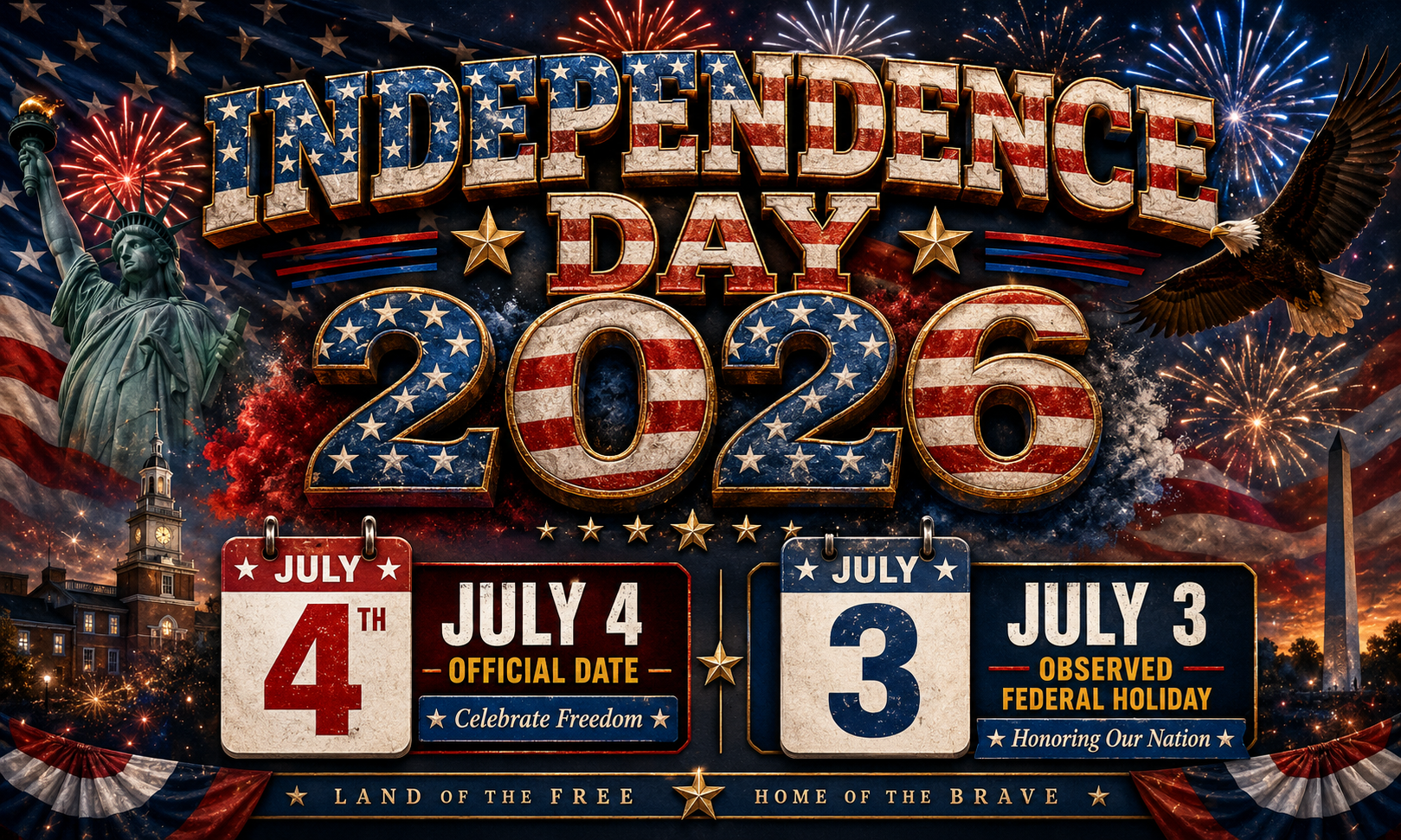 Independence Day 2026 federal schedule work planning image showing July 4 official date and July 3 observed federal holiday