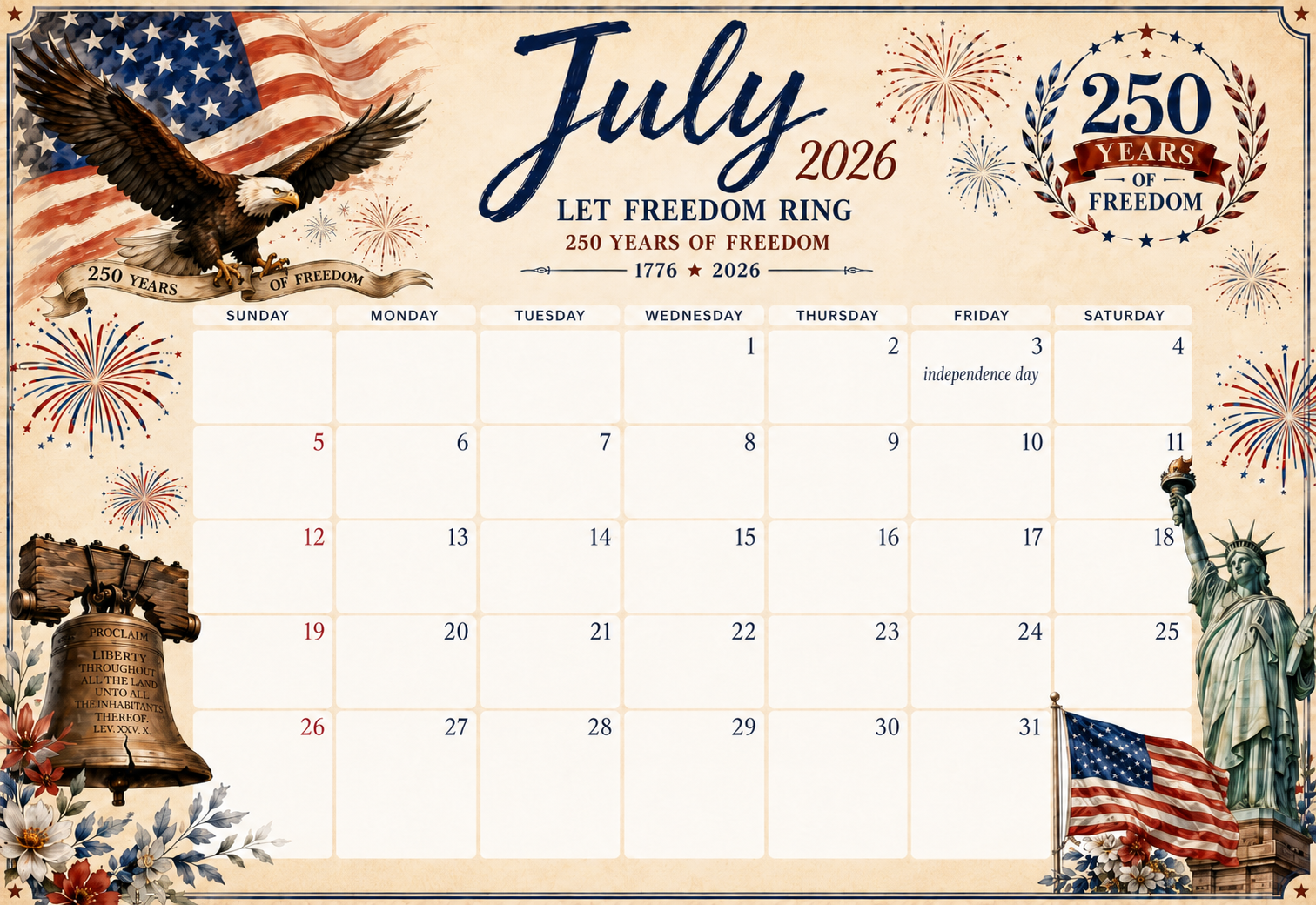July 2026 calendar for Independence Day 2026 showing July 3 observed holiday
