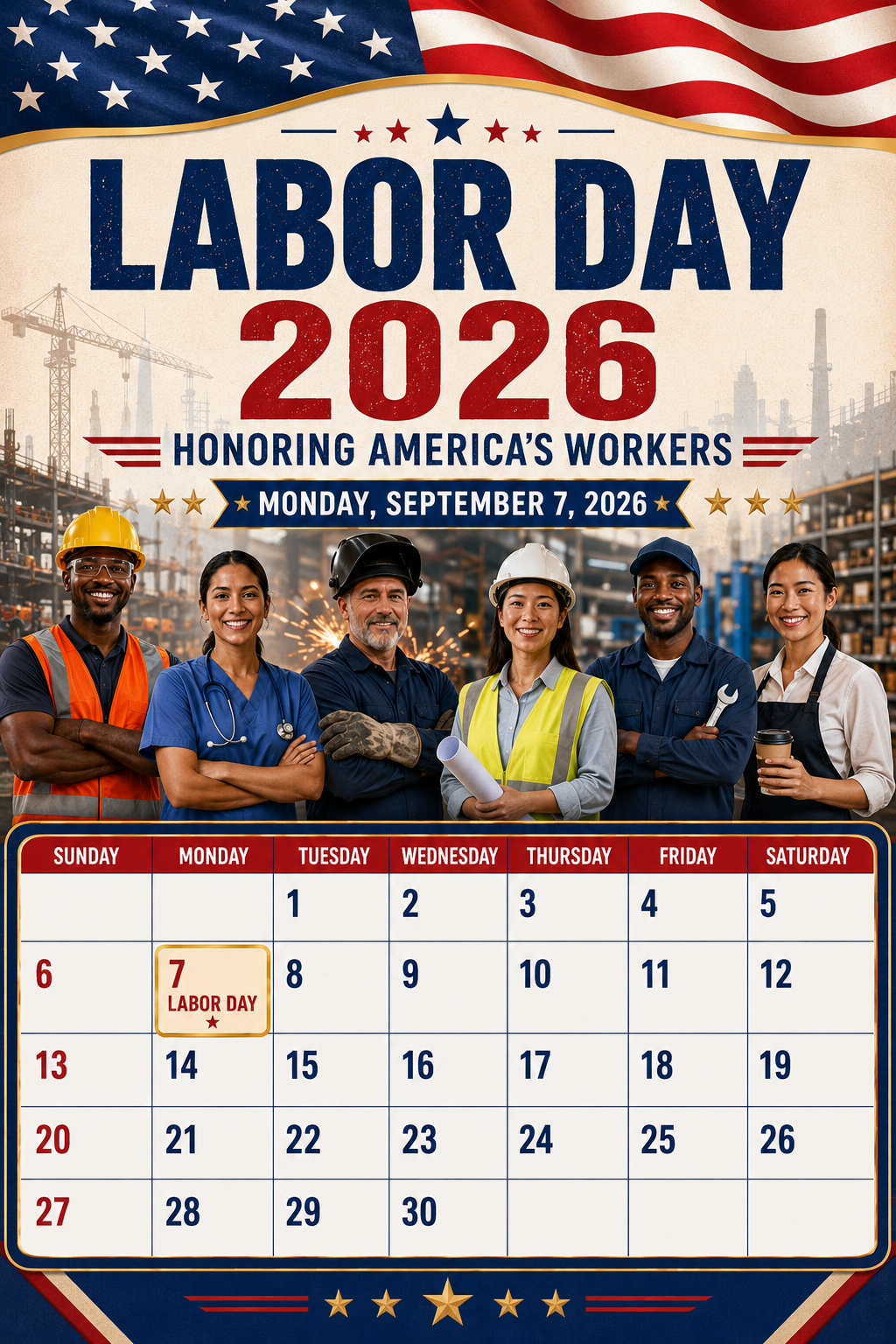 Labor Day 2026 September calendar image with Monday September 7 highlighted for the United States federal holiday