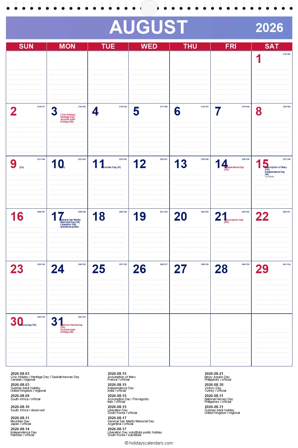 August 2026 global public holidays calendar image