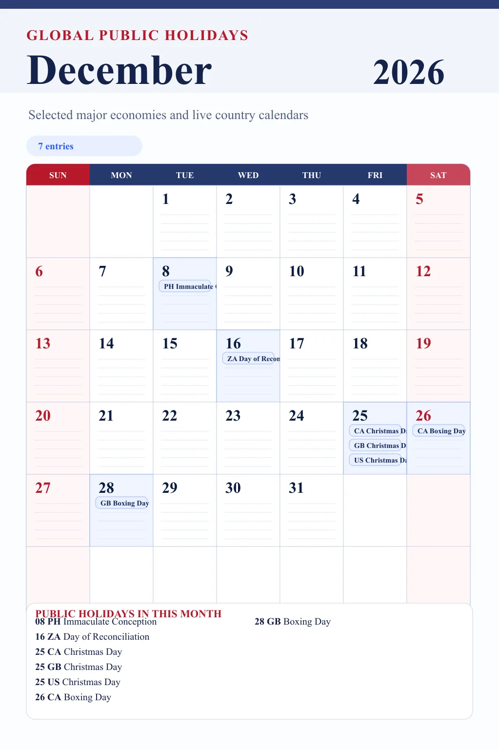 December 2026 global public holidays calendar image