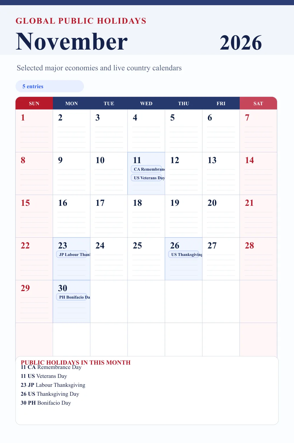 November 2026 global public holidays calendar image
