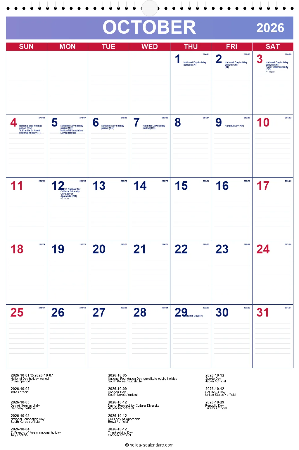 October 2026 global public holidays calendar image