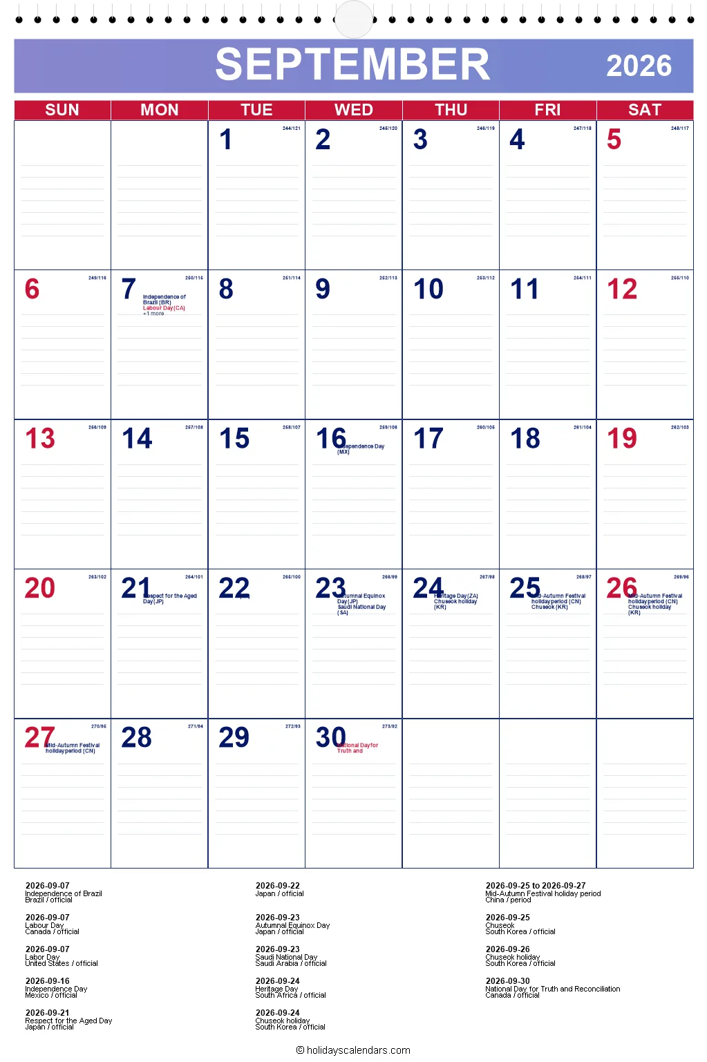 September 2026 global public holidays calendar image