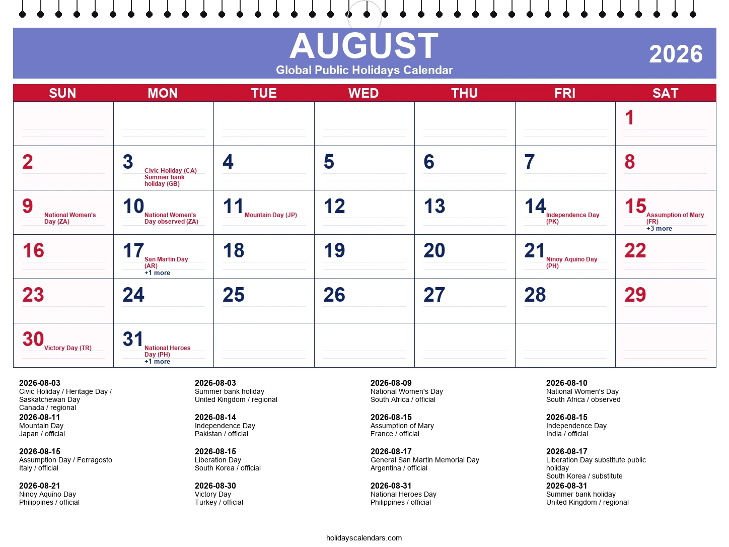 August 2026 global public holidays calendar image with selected major economy holidays marked