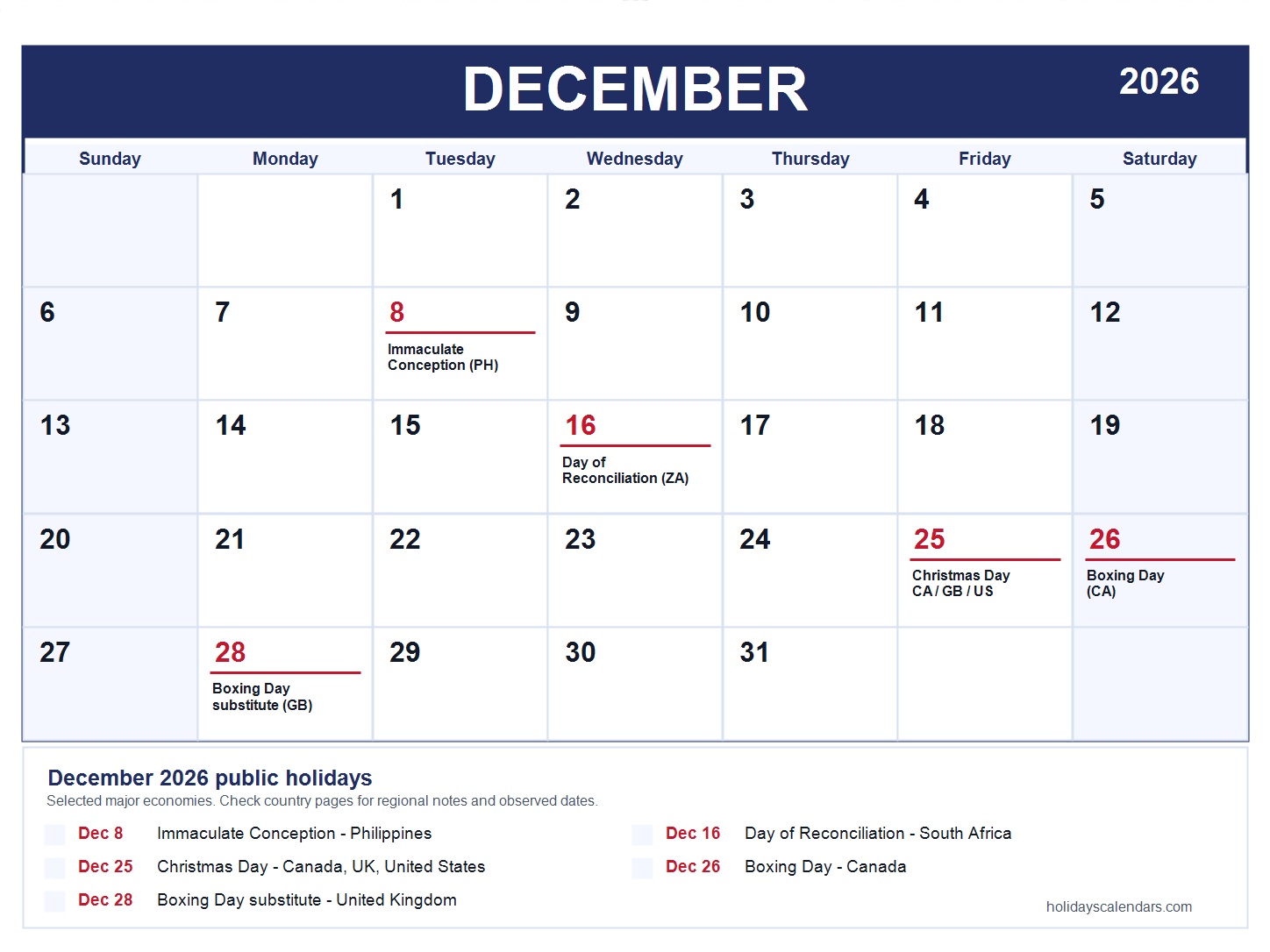 December 2026 global public holidays calendar image with selected major economy holidays marked