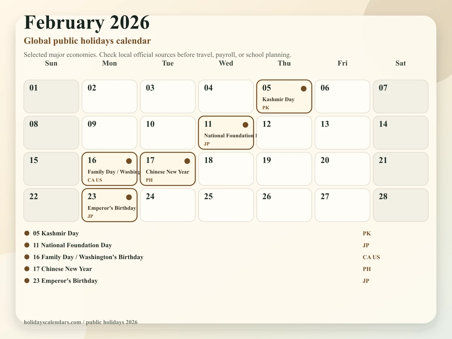 February 2026 global public holidays calendar February 2026 global public holidays calendar image with selected major economy holidays marked