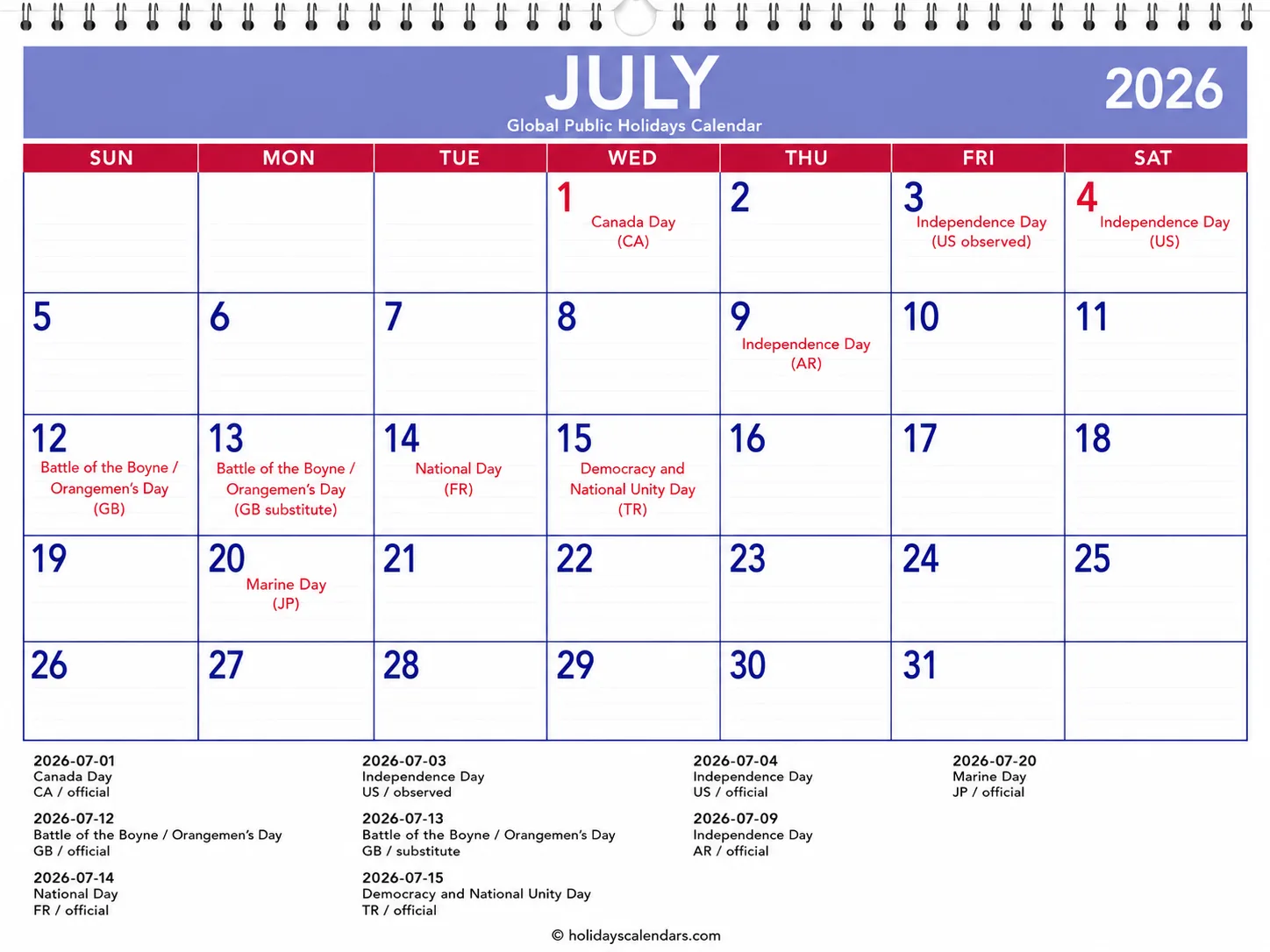 July 2026 global public holidays calendar July 2026 global public holidays calendar image with selected major economy holidays marked