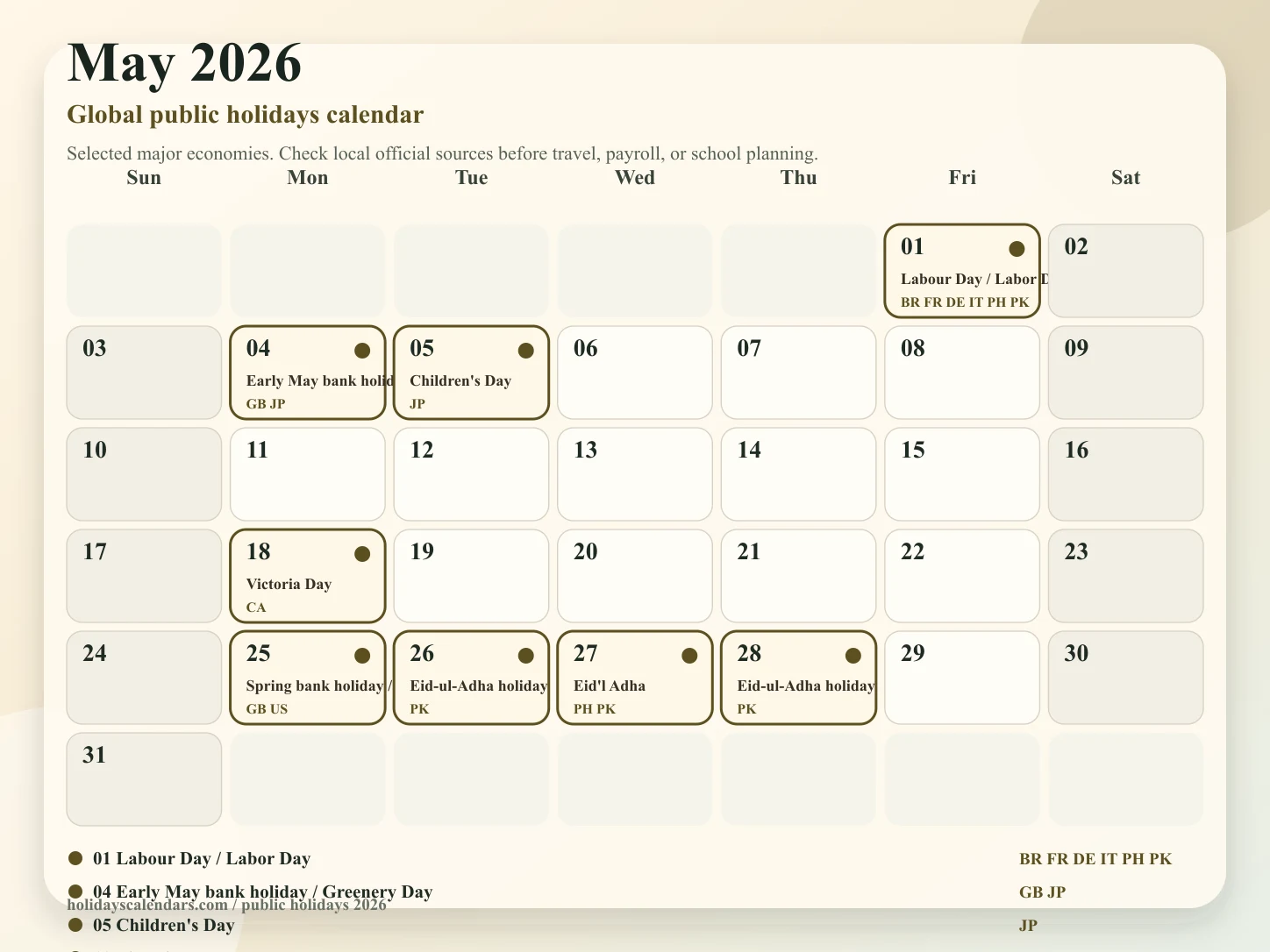 May 2026 global public holidays calendar May 2026 global public holidays calendar image with selected major economy holidays marked