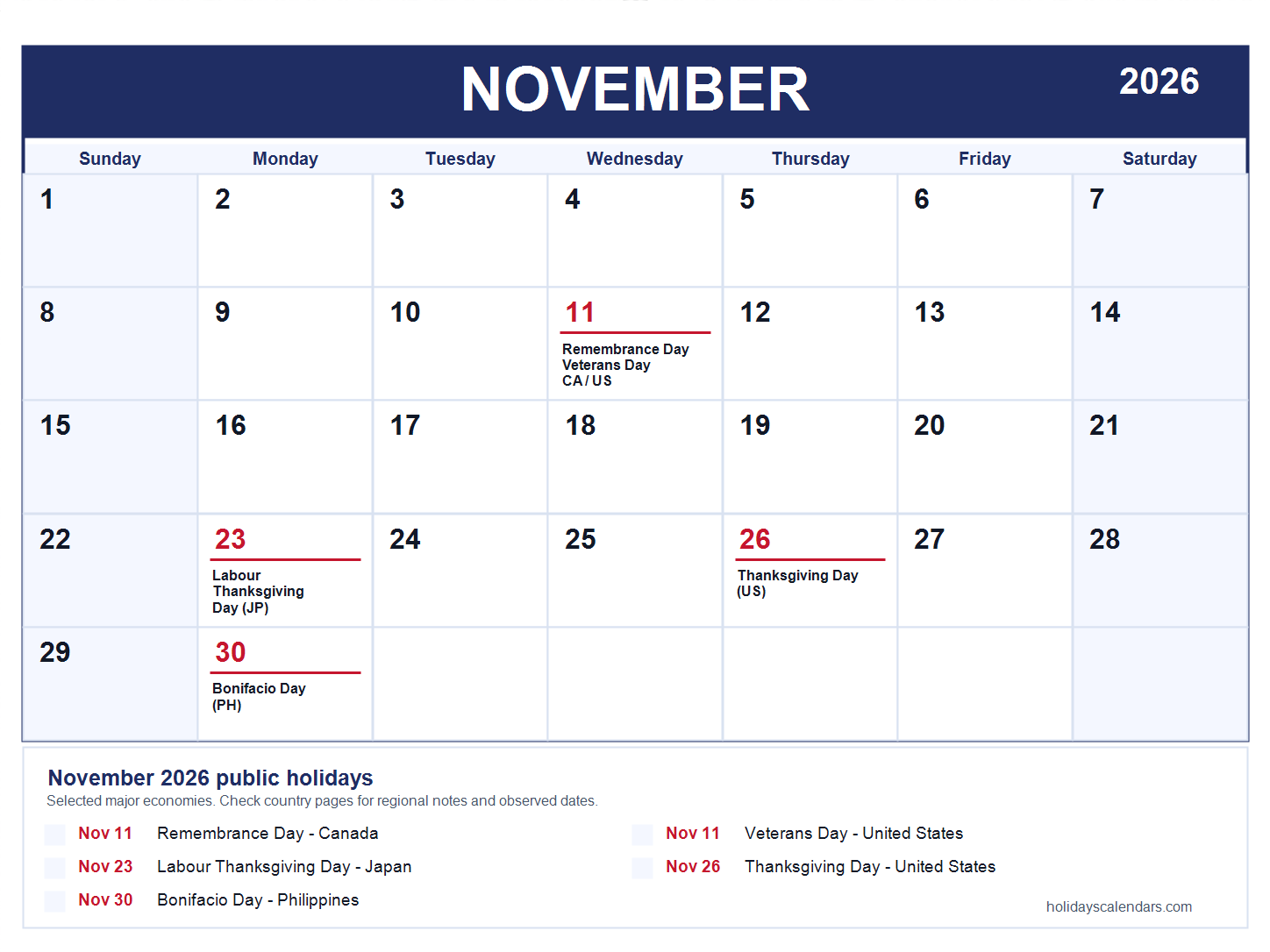 November 2026 global public holidays calendar November 2026 global public holidays calendar image with selected major economy holidays marked