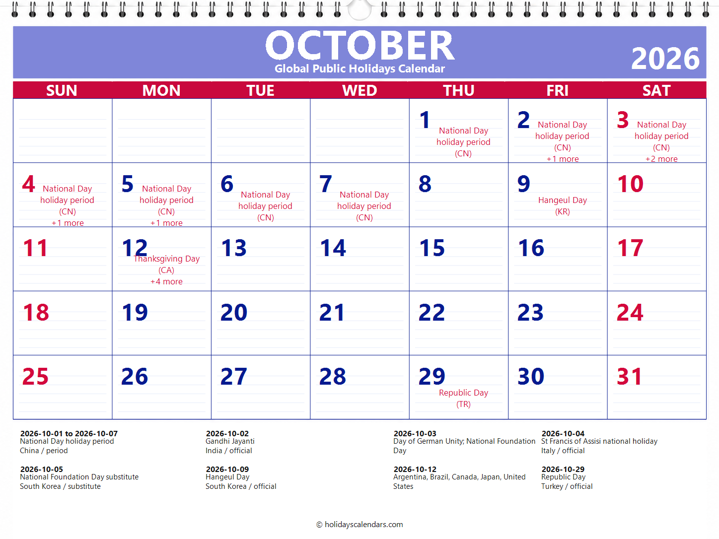 October 2026 global public holidays calendar October 2026 global public holidays calendar image with selected major economy holidays marked
