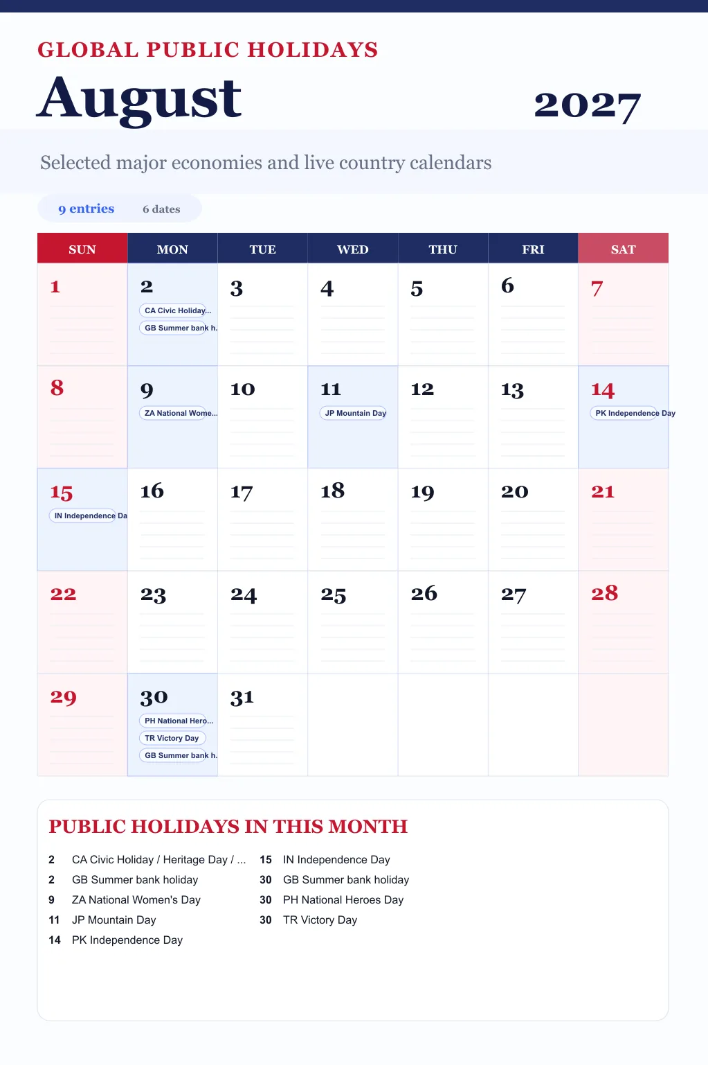 August 2027 global public holidays calendar image with selected major economy holidays marked