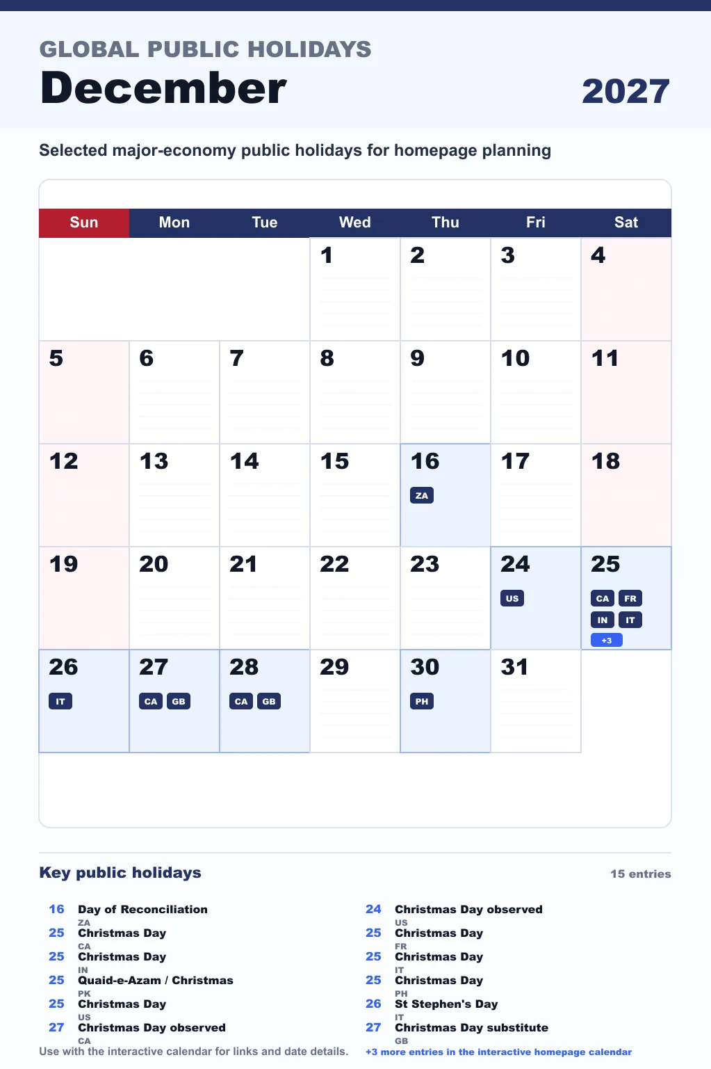 December 2027 global public holidays calendar image with selected major economy holidays marked