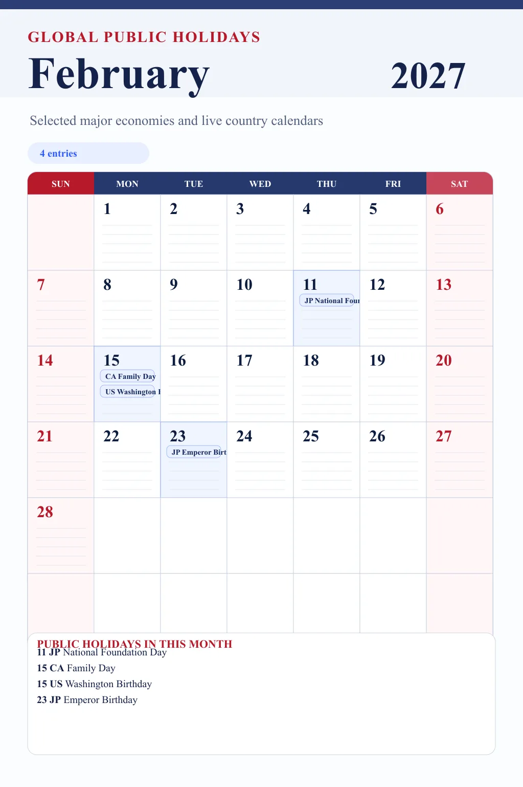 February 2027 global public holidays calendar February 2027 global public holidays calendar image with selected major economy holidays marked