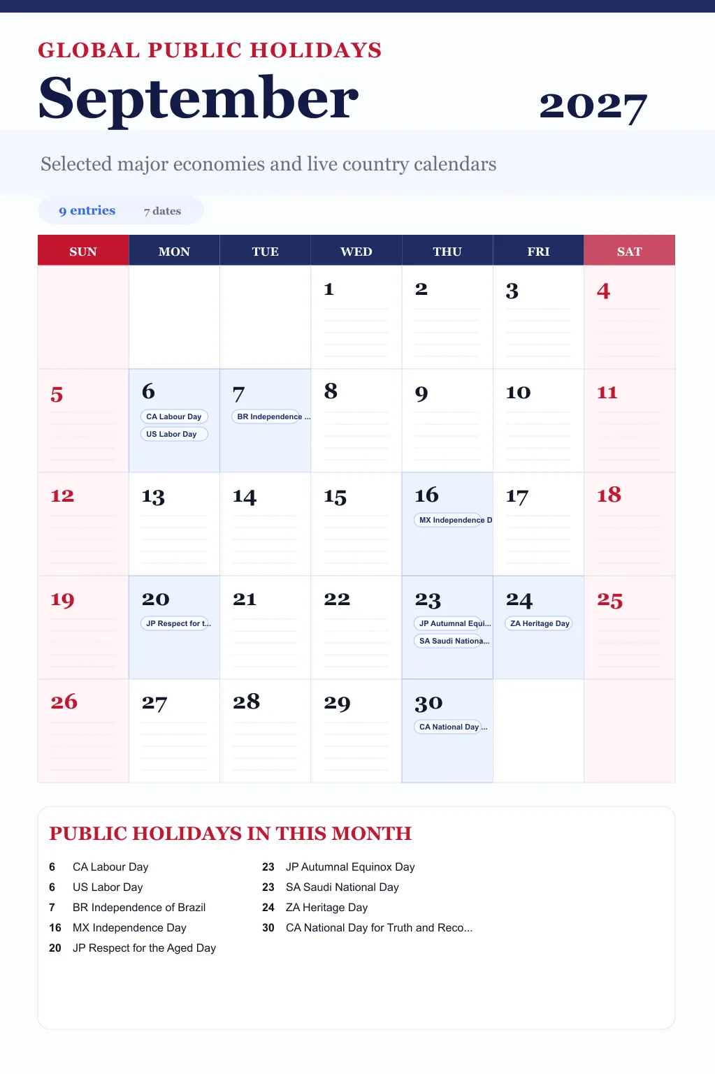 September 2027 global public holidays calendar image with selected major economy holidays marked