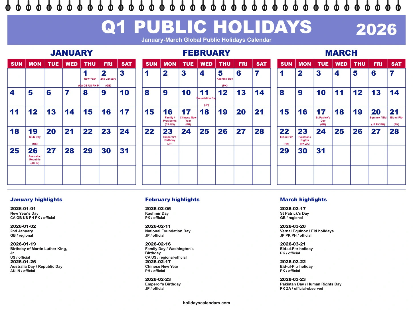 January-March 2026 global public holidays quarterly calendar January-March 2026 global public holidays quarterly calendar image with selected major economy holidays marked