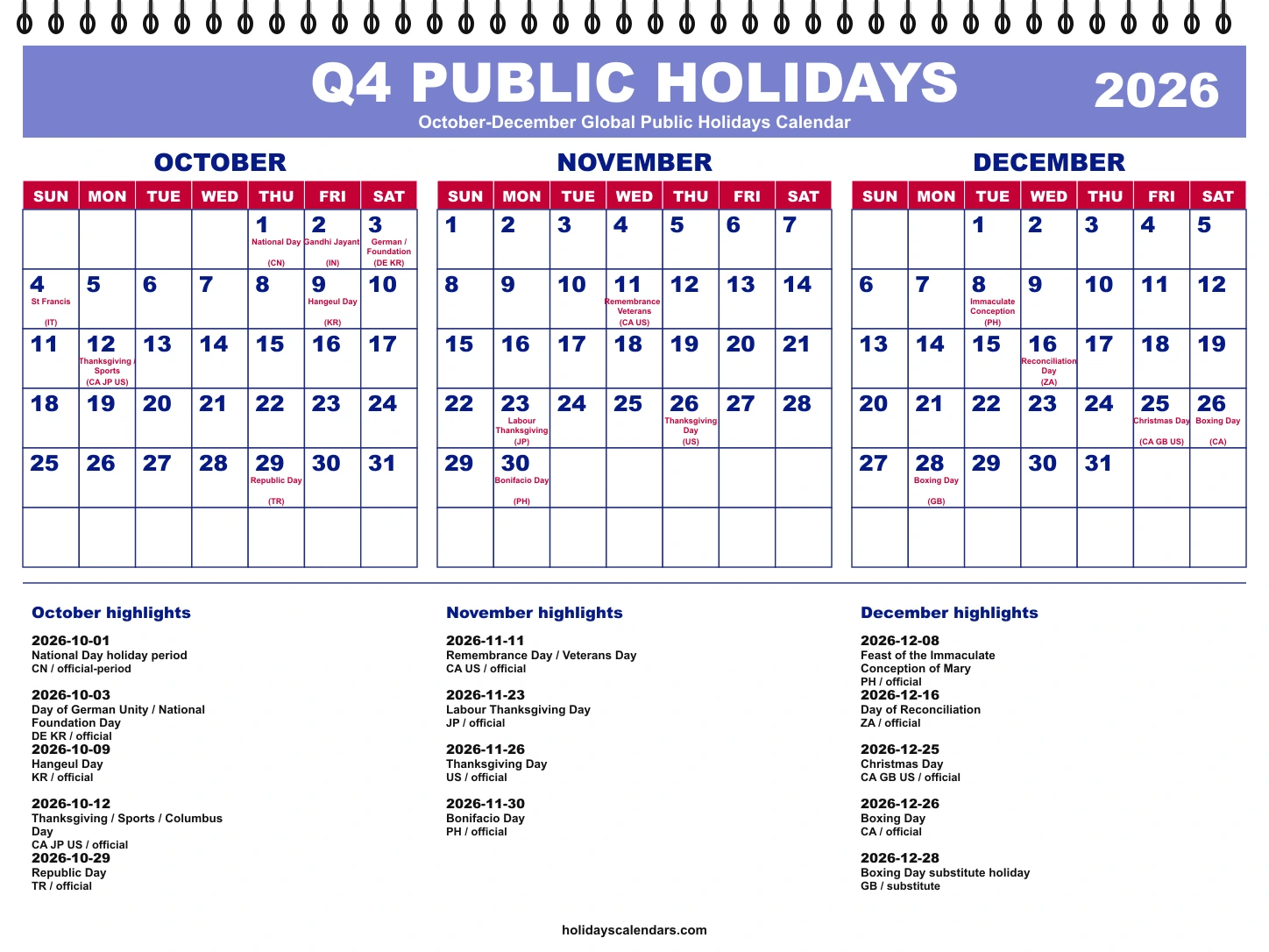 October-December 2026 global public holidays quarterly calendar October-December 2026 global public holidays quarterly calendar image with selected major economy holidays marked