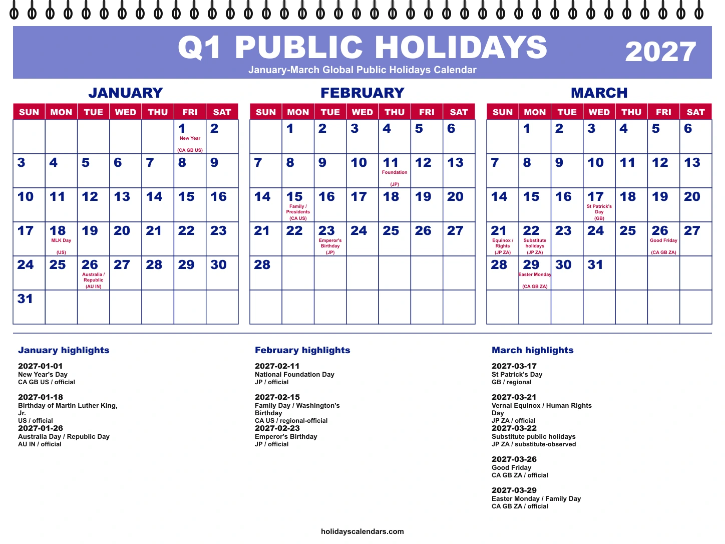 January-March 2027 global public holidays quarterly calendar January-March 2027 global public holidays quarterly calendar image with selected major economy holidays marked