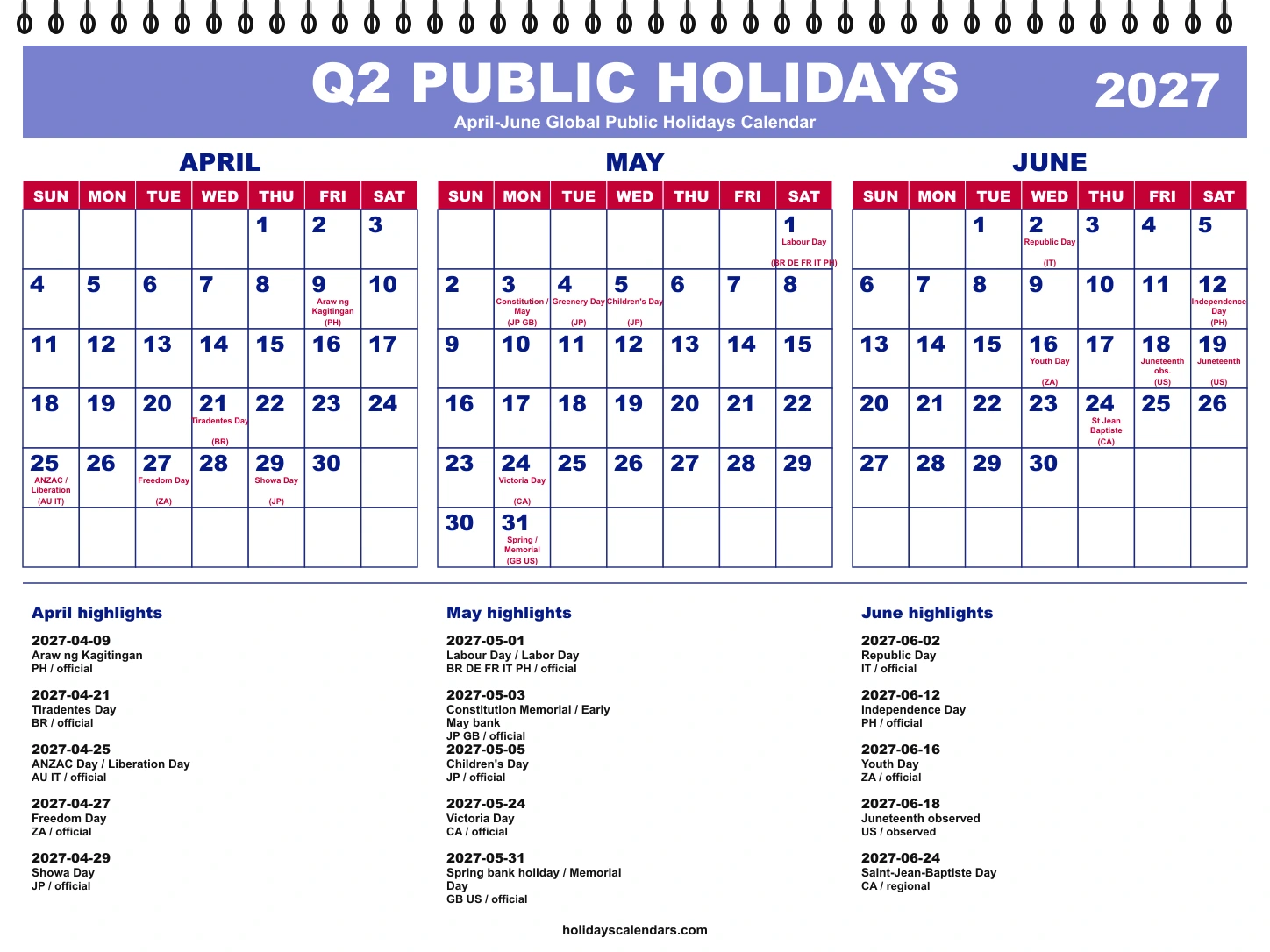 April-June 2027 global public holidays quarterly calendar April-June 2027 global public holidays quarterly calendar image with selected major economy holidays marked