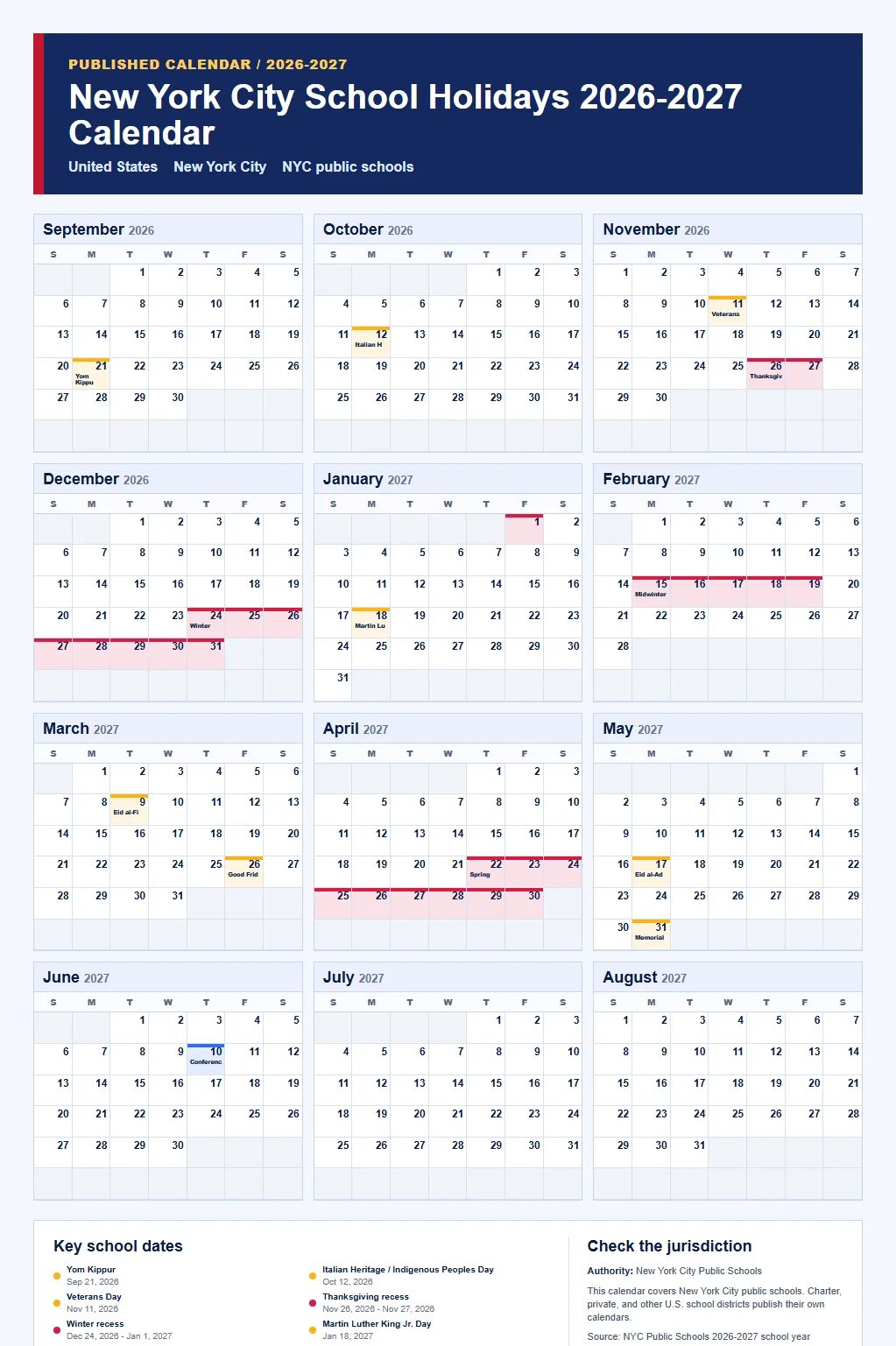 New York City school holidays 2026-2027 calendar with Yom Kippur closure